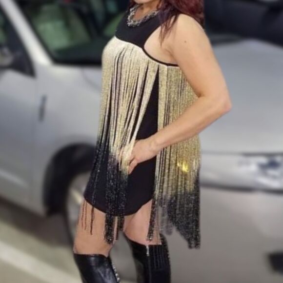 Frank Lyman Black & Gold Ombré Fringe Mini Cocktail Dress - Size S - Picture 4 of 8